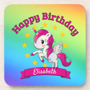 Cute Colourful Magical Unicorn Rainbow Kids Name Coaster