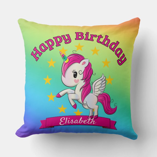 Cute Colourful Magical Unicorn Rainbow Kids Name Cushion (Front)