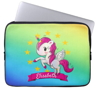 Cute Colourful Magical Unicorn Rainbow Kids Name Laptop Sleeve