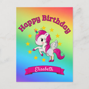 Cute Colourful Magical Unicorn Rainbow Kids Name Postcard