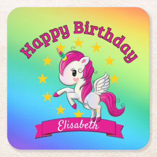 Cute Colourful Magical Unicorn Rainbow Kids Name Square Paper Coaster