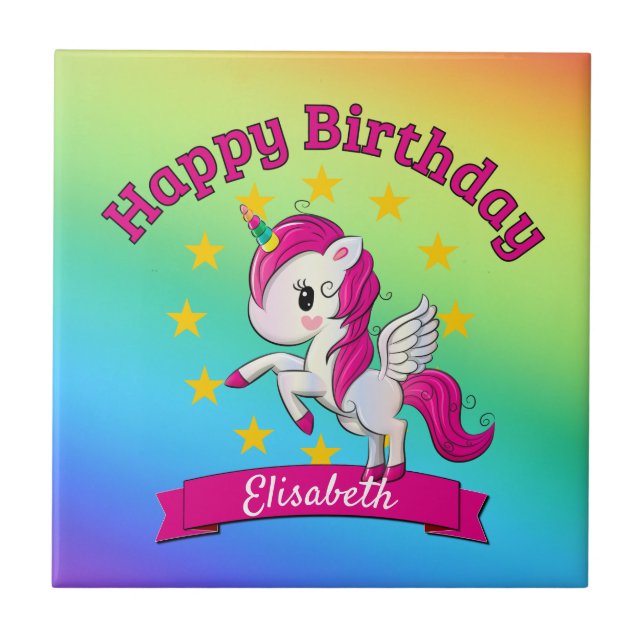Cute Colourful Magical Unicorn Rainbow Kids Name Tile (Front)