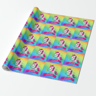 Cute Colourful Magical Unicorn Rainbow Kids Name Wrapping Paper