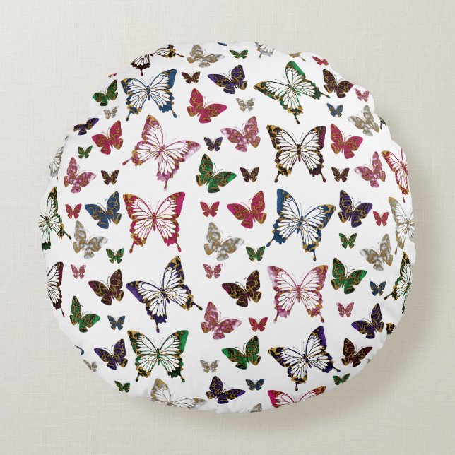 Cute Colourful Marble Butterfly Spring Pattern Round Cushion (Front)