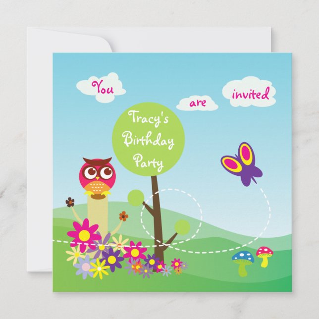 Cute Colourful Meadow Flower Butterfly Owl Mushroo Invitation (Front)