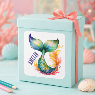 Cute Colourful Mermaid Ocean Girl Name Square Sticker