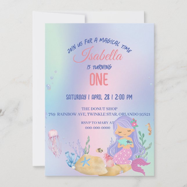 Cute Colourful mermaid Rainbow Birthday party kids Invitation (Front)