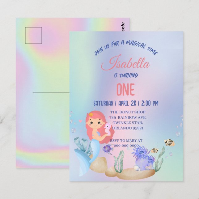Cute Colourful mermaid Rainbow Birthday party kids Postcard (Front/Back)