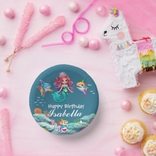 Cute Colourful mermaid shark rainbow Birthday kids Paper Plate