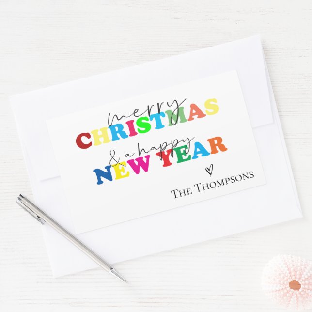 Cute Colourful Merry Christmas And Happy New Year Rectangular Sticker (Envelope)