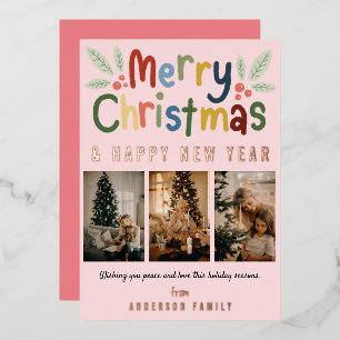 Cute Colourful Merry Christmas Family Photo Pink