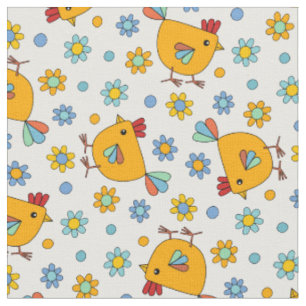 Cute colourful modern chicken and flower Easter  Fabric