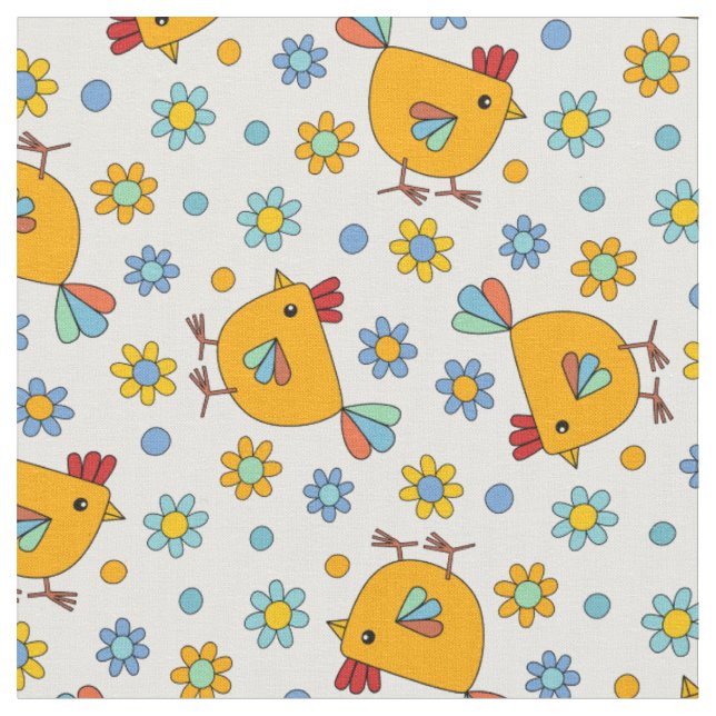 Cute colourful modern chicken and flower Easter  Fabric (Close Up)