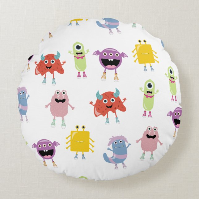 Cute Colourful Monsters Funny Kids Pattern Round Cushion (Front)