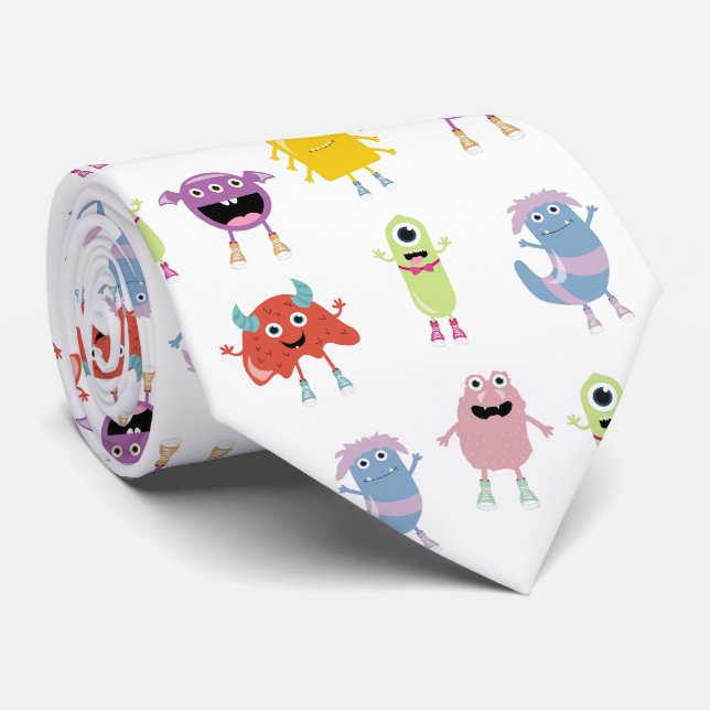 Cute Colourful Monsters Funny Kids Pattern Tie (Rolled)