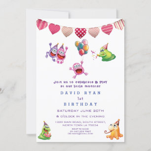 Cute Colourful Monsters Hearts Boy First Birthday Invitation