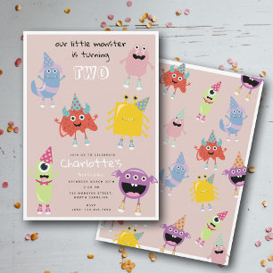 Cute Colourful Monsters Pink Girls Birthday Party Invitation