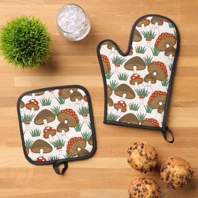 Cute colourful mushroom country design oven mitt & pot holder set (Top Down)