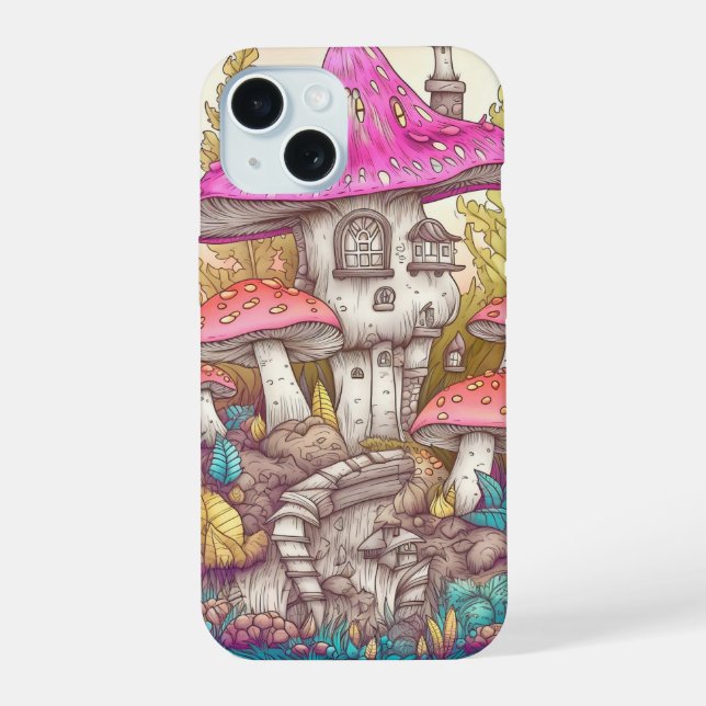 Cute Colourful Mushroom House Art iPhone 15 Case (Back)