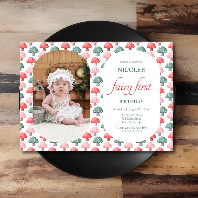 Cute Colourful Mushroom Photo Fairy First Birthday Invitation (Creator Uploaded)