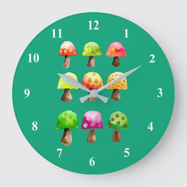 Cute colourful mushrooms large clock (Front)