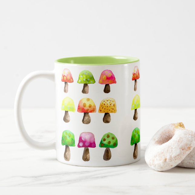 Cute colourful mushrooms Two-Tone coffee mug (With Donut)