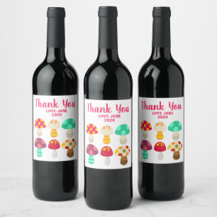 Cute colourful mushrooms wine label