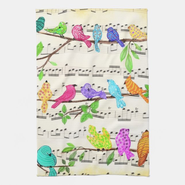 Cute Colourful Musical Birds Kitchen Towel (Vertical)