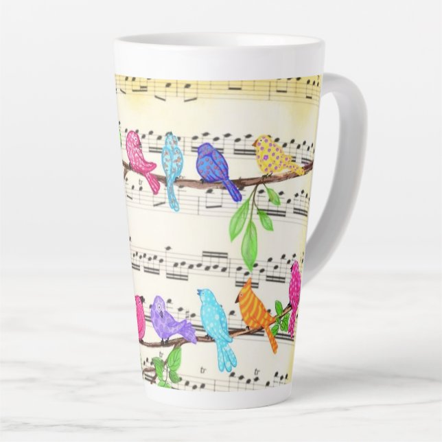Cute Colourful Musical Birds Latte Mugs (Right Angle)