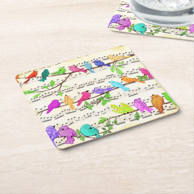 Cute Colourful Musical Birds Symphony - Happy Song Square Paper Coaster (Angled)