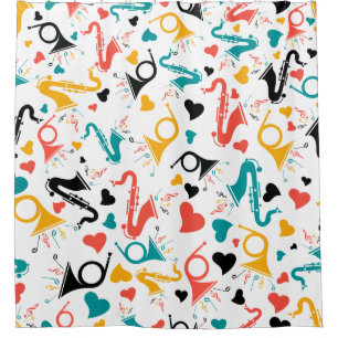Cute Colourful Musical Instruments Hearts Pattern Shower Curtain