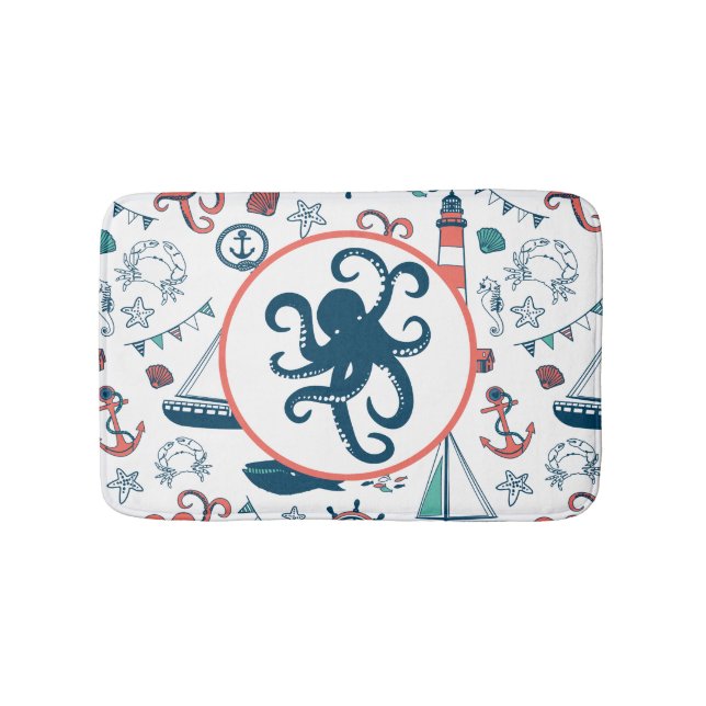 Cute Colourful Nautical & Matine Life Pattern Bath Mat (Front)