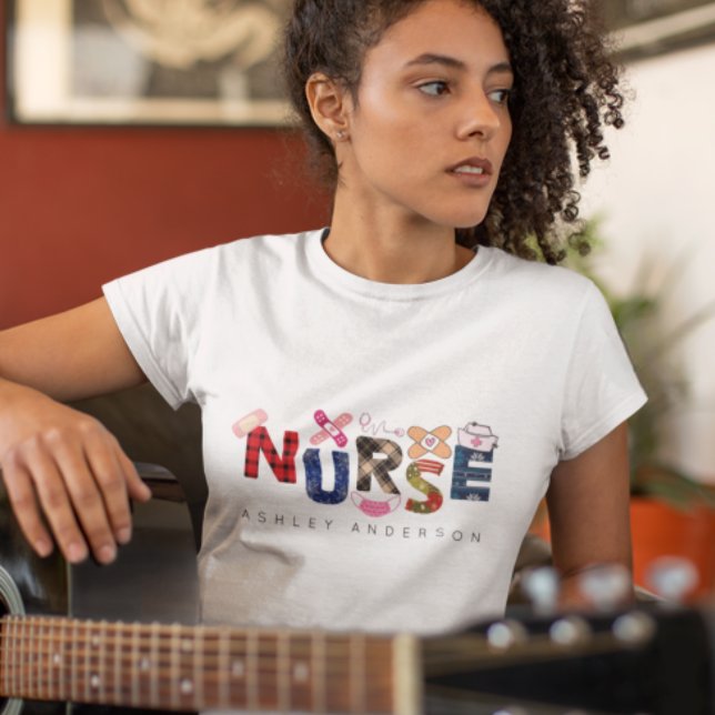 Cute Colourful Nurse Gift Custom Name Christmas T-Shirt (Creator Uploaded)