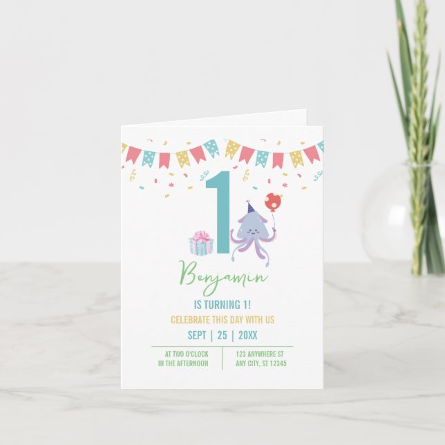 Cute Colourful Octopus Balloon Banners 1st Birthda Invitation (Front)