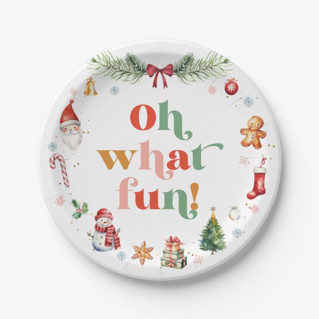 Cute Colourful Oh What Fun Christmas Holiday Party Paper Plate (Front)