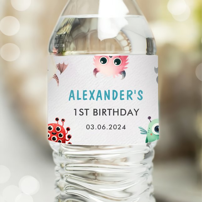 Cute Colourful Our Little Monster Birthday Party  Water Bottle Label (Creator Uploaded)