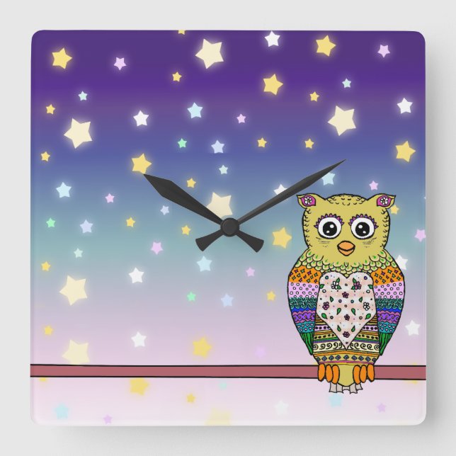Cute Colourful Owl on star lit night Square Wall Clock (Front)