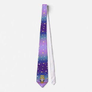 Cute Colourful Owl on star lit night Tie