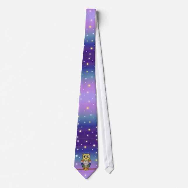 Cute Colourful Owl on star lit night Tie (Front)