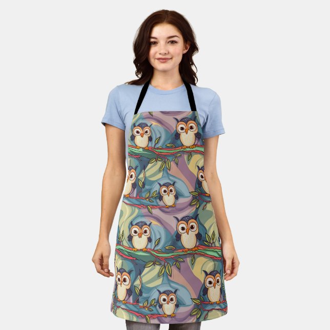 Cute Colourful Owl Pattern Apron (Worn)