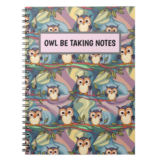 Cute Colourful Owl Pattern Personalised Notebook (Front)