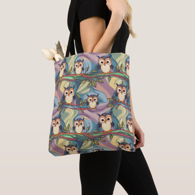 Cute Colourful Owl Pattern Tote Bag (Close Up)