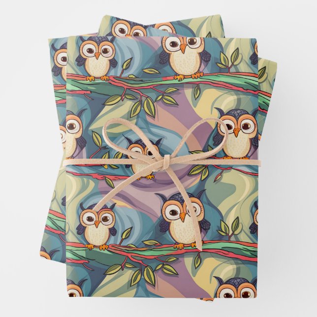 Cute Colourful Owl Pattern Wrapping Paper Sheet (In situ)