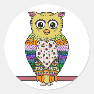 Cute Colourful Owl - white Classic Round Sticker