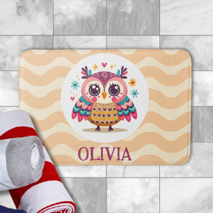 Cute Colourful Owl with Wavy Background Bath Mat
