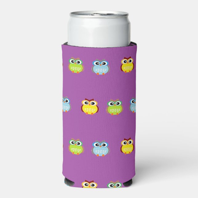 Cute colourful owls on purple seltzer can cooler (Seltzer Front)