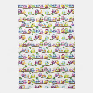 Cute Colourful Owls on the Branch Tea Towel