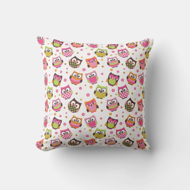 Cute Colourful Owls Pillow (White) (Front)