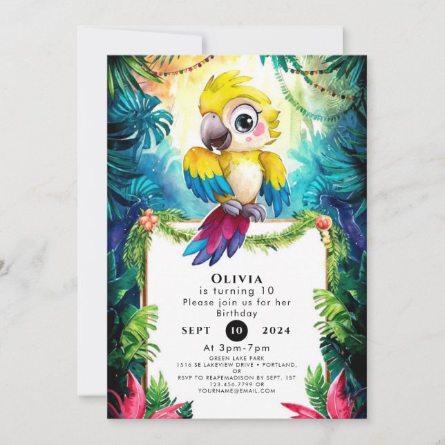 Cute Colourful Parrot Birthday Invitation (Front)