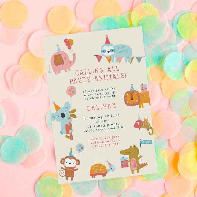 Cute & Colourful Party Animals Kids Birthday Party Invitation (Creator Uploaded)